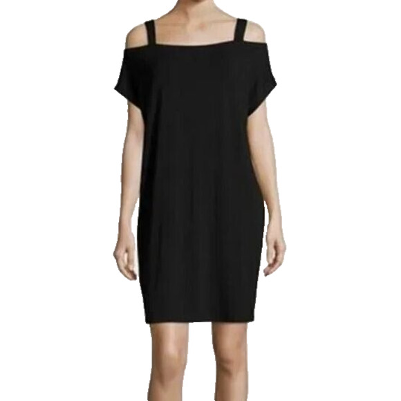 A8 NEW EILEEN FISHER Black Tencel Jersey Knit Cold Shoulder Mini Dress Size XS - Picture 1 of 5